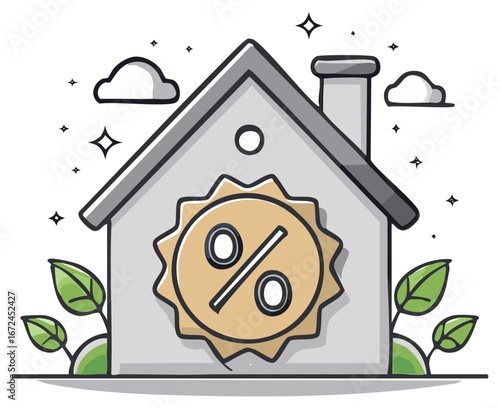 Cartoon house with a percentage symbol. Home interest or sales concept.