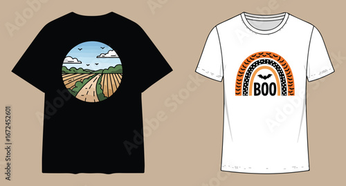 Two tshirts one black with oval landscape print and one white with halloween rainbow and boo text