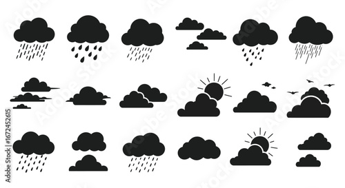 Weather forecast icons set with clouds and sun on white background silhouette