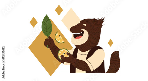 Cheerful Animated Character Enjoying Fresh Citrus Slices And A Single Green Leaf