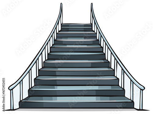 Ascending Steps Illustration Forward View Gray Stone Staircase with Metal Railing Handrails
