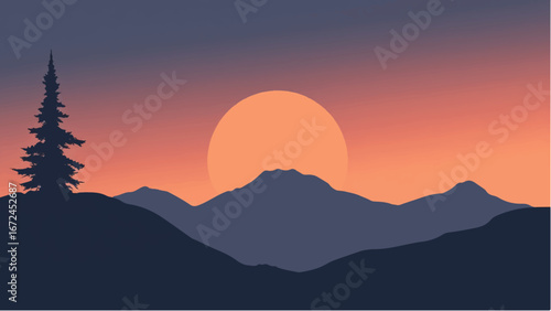 Sunset Over Layers of Rolling Hills and Mountains Landscape. Illustration of a Mountain Landscape at Sunset.