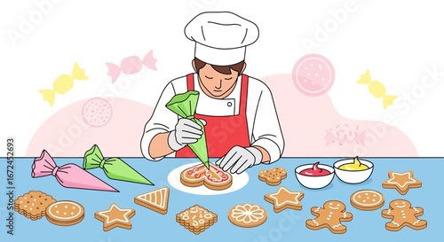 Cheerful Chef Decorating Baked Cookies with Frosting in a Delicate and Delightful Way