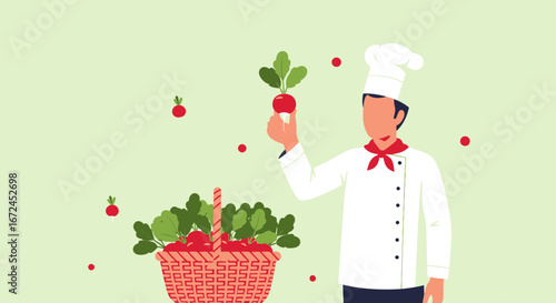 Cheerful Chef Displaying Freshly Harvested Radish Alongside a Full Basket of Vegetables