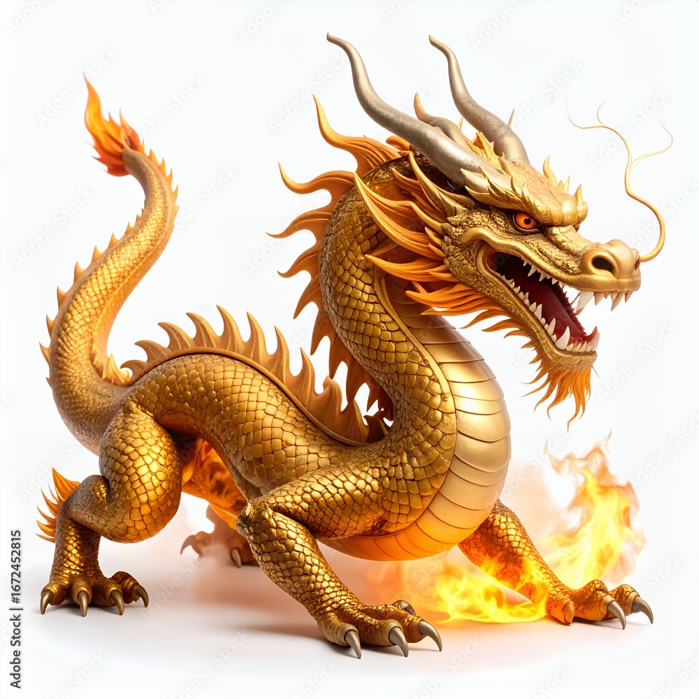 Obraz premium Golden serpentine beast, traditional asian mythology creature design on white background
