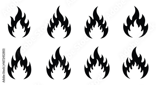 black flame icons set on white background silhouette