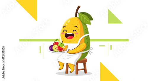 Cheerful Animated Mascot Holding Plate Of Fresh Fruits Smiling Happily At Everyone