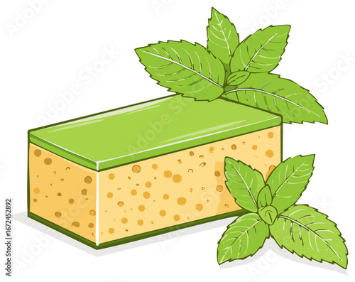 Green cake with mint leaves. Sweet dessert pastry decorated with fresh herb. Vector food illustration.