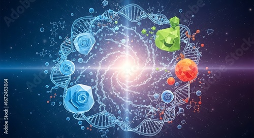 Abstract exposome and multi omics concept with DNA helix molecules and environmental factors affecting human health
