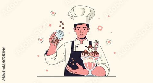 Cheerful Chef Presenting Delicious Sundae Sprinkled With Chocolate Toppings