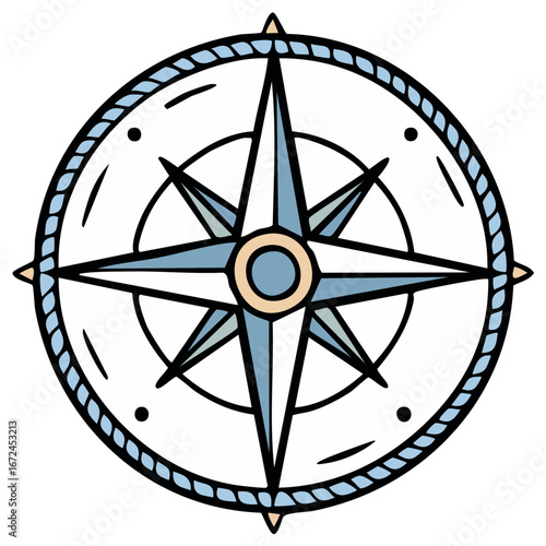 Nautical compass rose illustration with a rope border. Symbol of travel, navigation, and adventure.