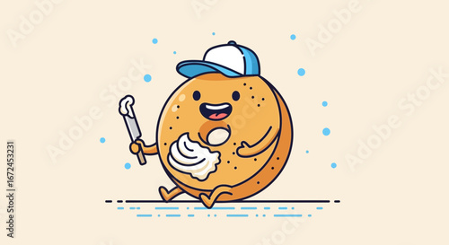 Cheerful Bagel Cartoon Character With Creamy Frosting, Animated Food Concept Illustration