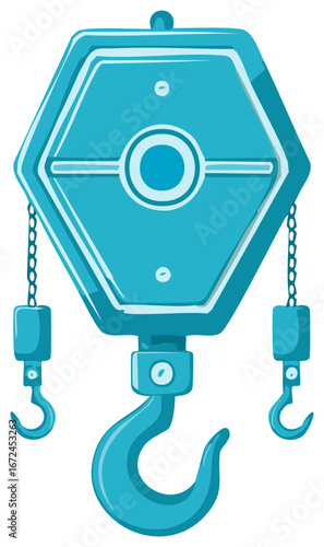 Blue illustration of a mechanical hoist with hooks, construction equipment, and chain details.