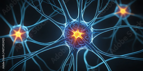 Neurons with glowing synapses firing electrical signals, macro view inside human brain 