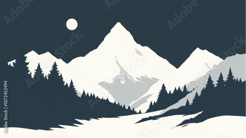 Mountains Covered with Snow. Mountain Landscape. Minimalist Illustration of Snow-Capped Mountains.