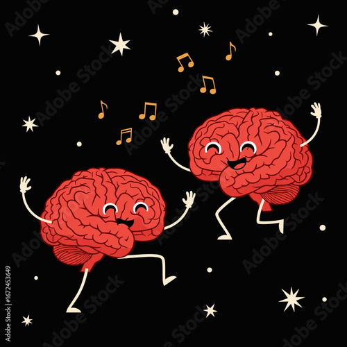 Two smiling brains dancing joyfully under a starry night sky with music notes floating around them
