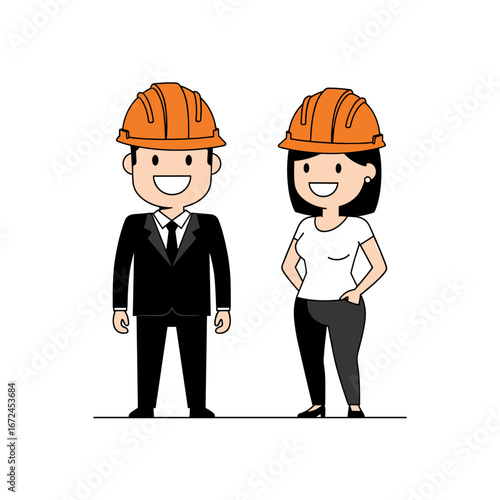 Two smiling construction workers wearing orange helmets ready for a day of hard work together on a project