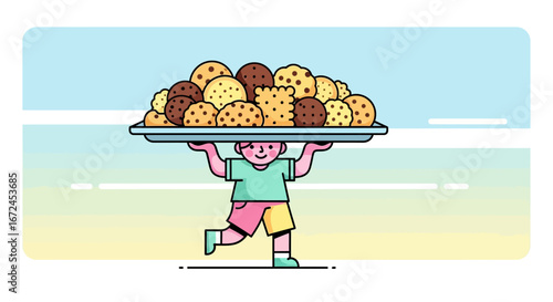 Cheerful Child Carrying a Tray Overflowing With Delicious Cookies, Illustration