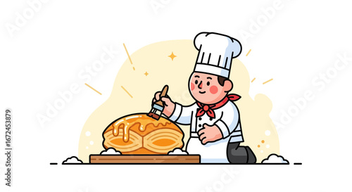 Cheerful Baker Finishing Pastry With Glaze In Animated And Cute Illustration