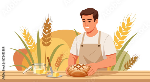Cheerful Baker Expertly Preparing Freshly Baked Loaf Of Bread In His Workshop