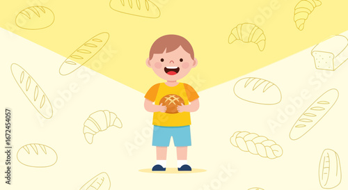 Cheerful Child Embraces Freshly Baked Bread Amongst Whimsical Bread And Pastry Drawings