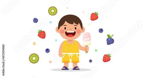 Cheerful Child Enjoying a Frozen Treat Amidst a Shower of Summery Fruits Delights
