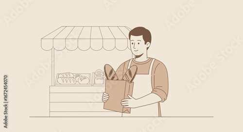 Cheerful Baker Holding Shopping Bag Of Freshly Baked Breads At Bakery Stall