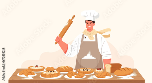 Cheerful Baker Posing With Freshly Baked Goods On A Wooden Table in Warm Tones