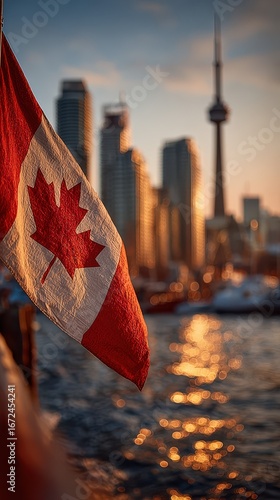 Canadian flag waves over Toronto skyline at sunset with shimmering water reflections and iconic CN Tower in view