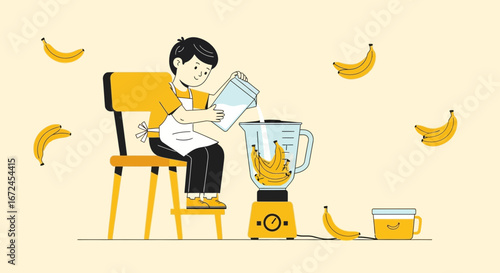 Cheerful Child Preparing Delicious Banana Smoothie at Home with a Blender