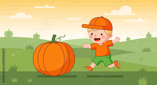 Cheerful Child Running Beside A Grand Pumpkin In A Grassy Autumnal Land