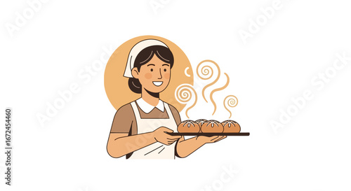 Cheerful Baker Presenting Freshly Baked Bread with Delightful Aroma in Cartoon Illustration