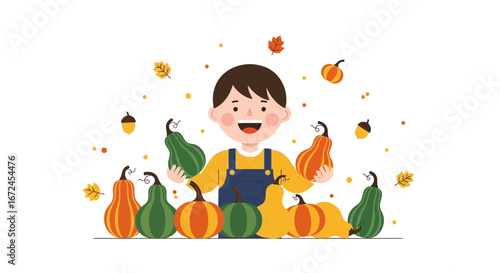 Cheerful Child Shows Abundance Of Freshly Harvested Gourds For Autumn Season