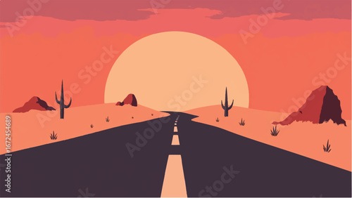 Road and Desert Landscape at Sunset. Serene Desert Illustration Featuring Sunset and Winding Road.