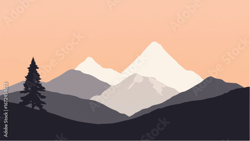 Mountains Covered with Snow. Mountain Landscape. Minimalist Illustration of Snow-Capped Mountains.