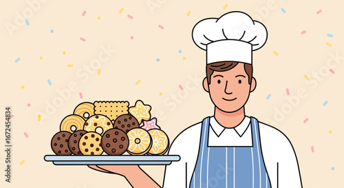 Cheerful Baker Showcasing a Delicious Array of Freshly Baked Cookies on a Tray