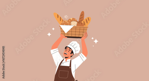 Cheerful Baker Showcasing Freshly Baked Breads and Pastries in a Woven Basket