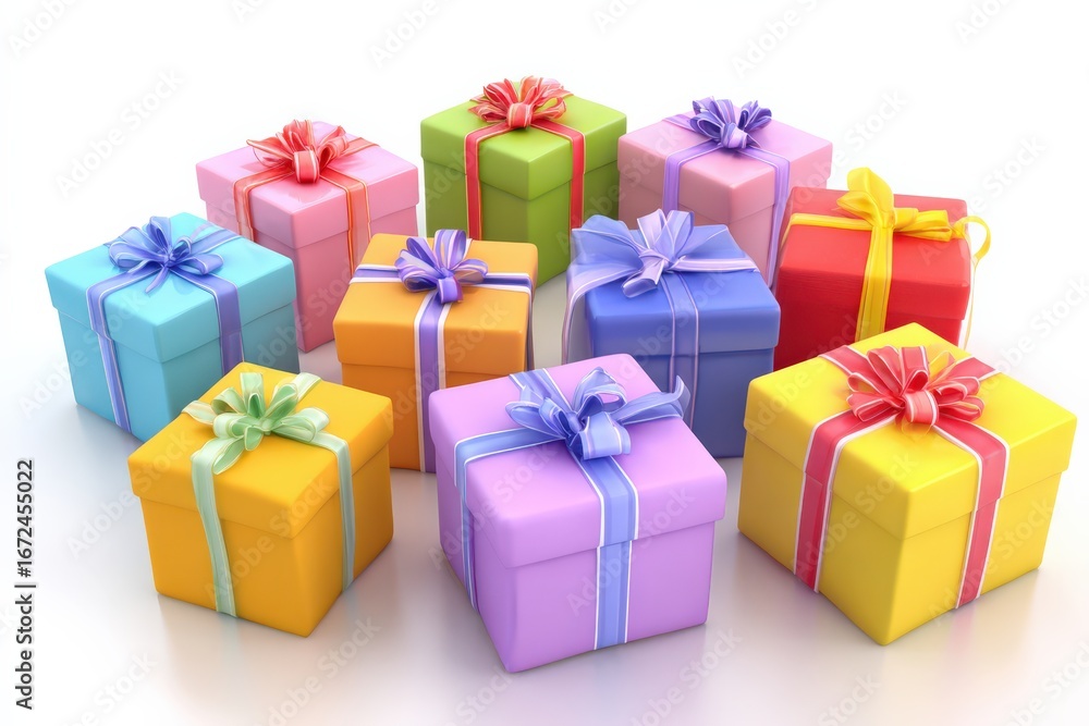 Fototapeta premium Colorful gift boxes arranged in a festive cluster for celebrations