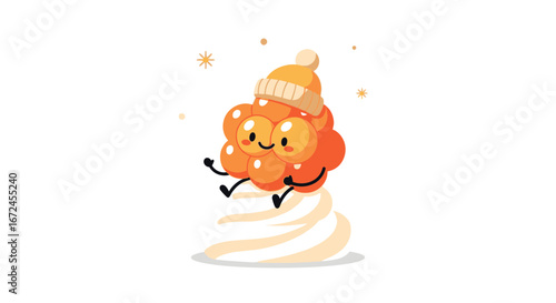 Cheerful Cloudberry Character Wearing Cozy Winter Hat Sitting On Delightful Swirl