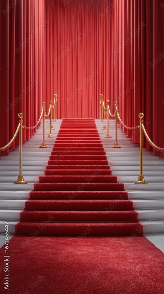 Fototapeta premium Elegant staircase adorned with a red carpet and golden railings leading to a grand stage