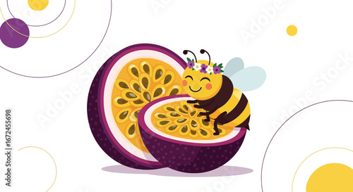 Cheerful Bee Adorning Passion Fruit in a Delightful and Vibrant Composition