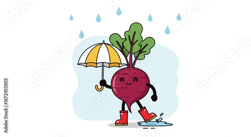 Cheerful Beetroot Character Enjoys a Rainy Day Wearing Boots While Holding Umbrella