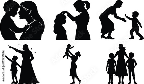 Vector art of silhouettes of mothers and children showing affection, pointing, and celebrating