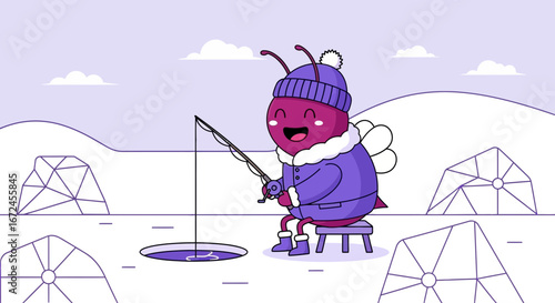 Cheerful Creature Ice Fishing in Snowy Winter Landscape Illustration