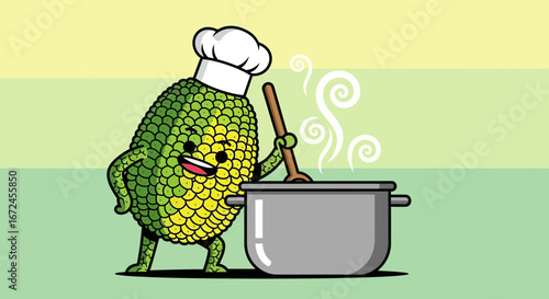 Cheerful Culinary Cartoon Jackfruit Chef Preparing A Culinary Delight In Hot Pot