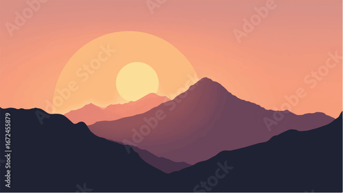 Sunset Over Layers of Rolling Hills and Mountains Landscape. Illustration of a Mountain Landscape at Sunset.