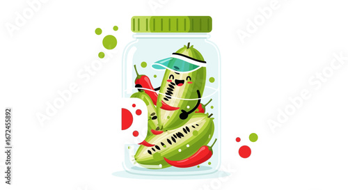 Cheerful Cucumber People and Chilies Resting in a Jar, Tasty Food Illustration