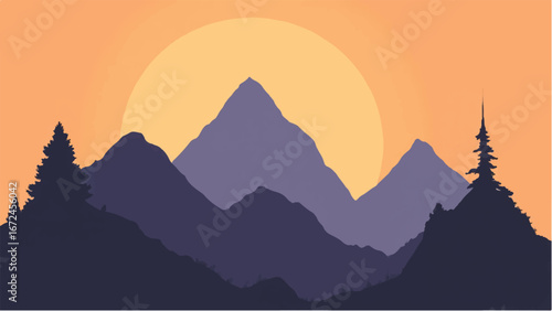 Sunset Over Layers of Rolling Hills and Mountains Landscape. Illustration of a Mountain Landscape at Sunset.