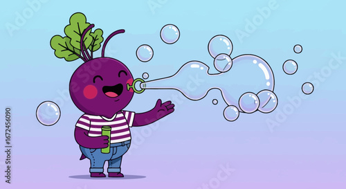 Cheerful Beetroot Figure Blowing Bubbles, Illustrated Character Creating Sparkling Ambiance