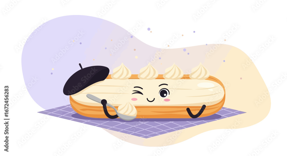Fototapeta premium Cheerful Eclair Character With Beret Delights in Its Creamy, Wink-Filled Dessert